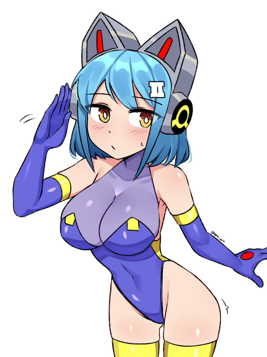 absurdres bare_hips bare_shoulders blue_gloves blue_hair blue_leotard bob_cut breasts bright_pupils brown_eyes cleavage closed_mouth covered_collarbone covered_navel cowboy_shot elbow_gloves female gloves hair_ornament hairclip headphones highleg highleg_leotard highres ii_(peps_art) large_breasts leaning_forward leotard light_blush looking_at_viewer mechanical_ears medium_breasts original peps_art see-through see-through_cleavage sidelocks simple_background solo swept_bangs thighhighs twitter_username waving white_background yellow_thighhighs