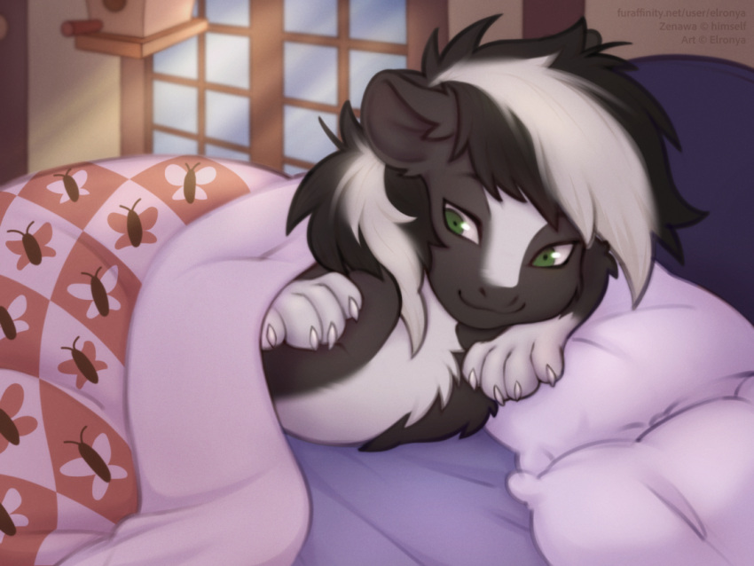 4:3 alternate_version_at_source bed bedding blanket comfy elronya equid equine fan_character furniture hasbro horse hybrid lazy lying male mammal mephitid my_little_pony pillow pony skunk solo zenawa_skunkpony