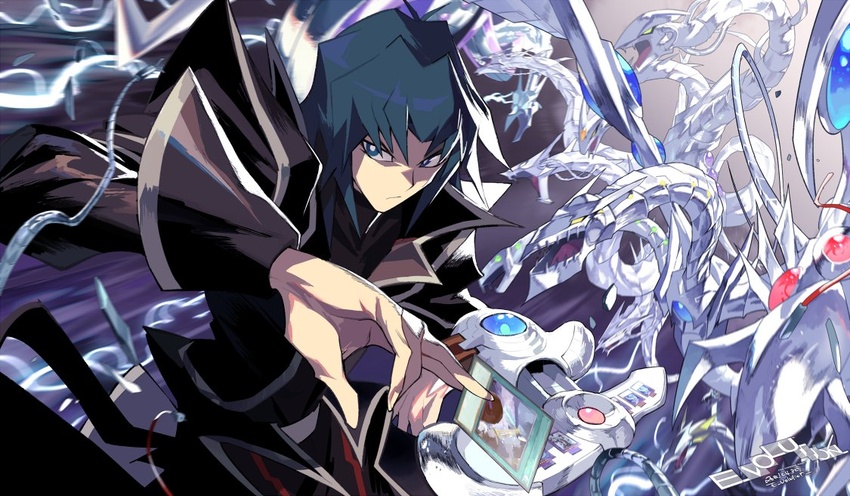 1boy annotated antenna_hair artist_name between_fingers black_coat blue_eyes blue_hair card chimeratech_fortress_dragon chimeratech_overdragon closed_mouth coat cyber_dragon cyber_end_dragon cyber_twin_dragon dated dragon duel_disk duel_monster e_volution holding holding_card long_sleeves male_focus marufuji_ryo medium_hair motion_blur non-humanoid_robot official_alternate_costume robot robot_dragon serious sleeve_cuffs yu-gi-oh! yu-gi-oh!_gx