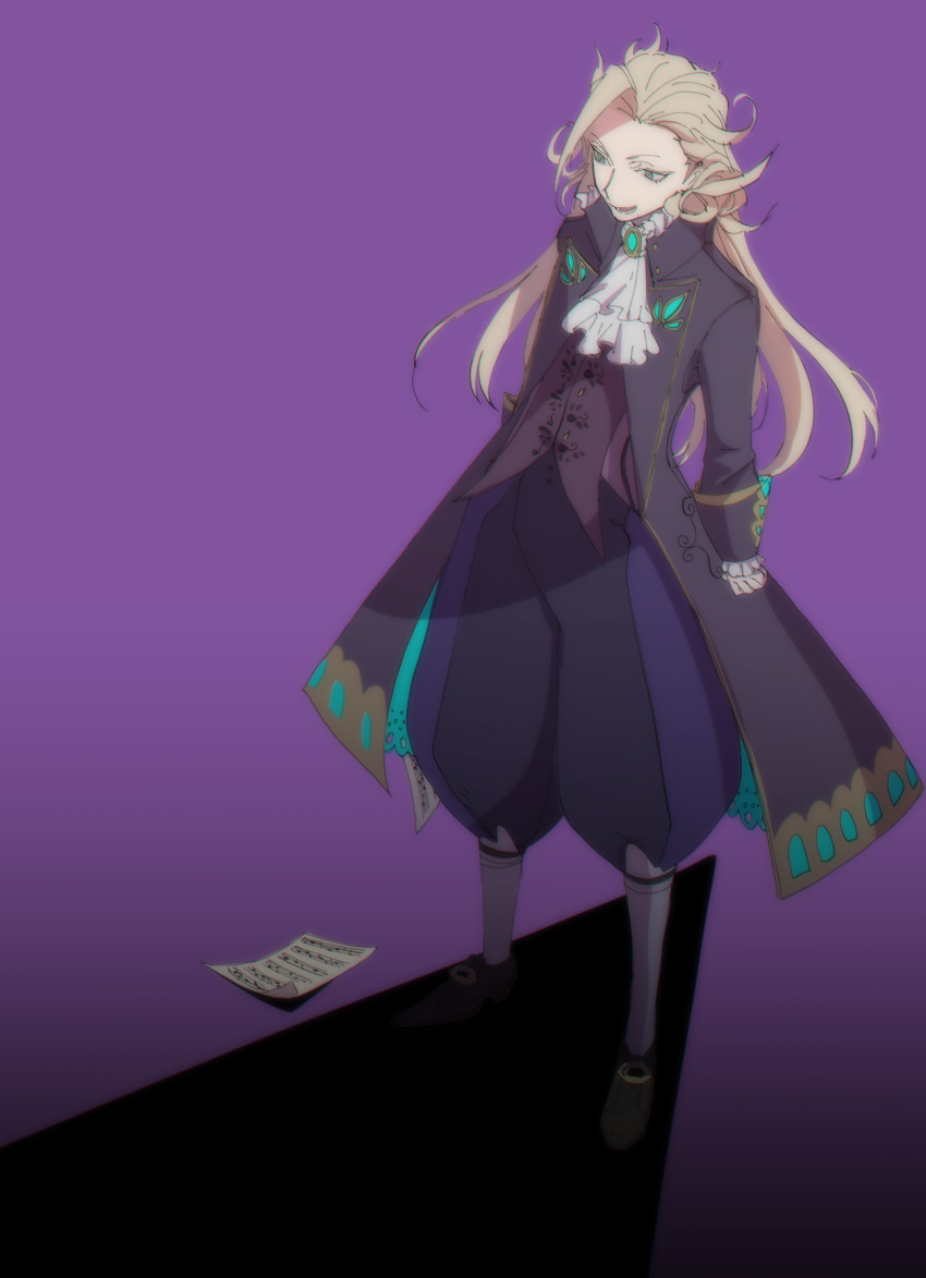 1boy ascot blonde_hair fate/grand_order fate_(series) frock_coat from_above highres jonya long_hair looking_down male_focus solo standing very_long_hair wolfgang_amadeus_mozart_(fate)