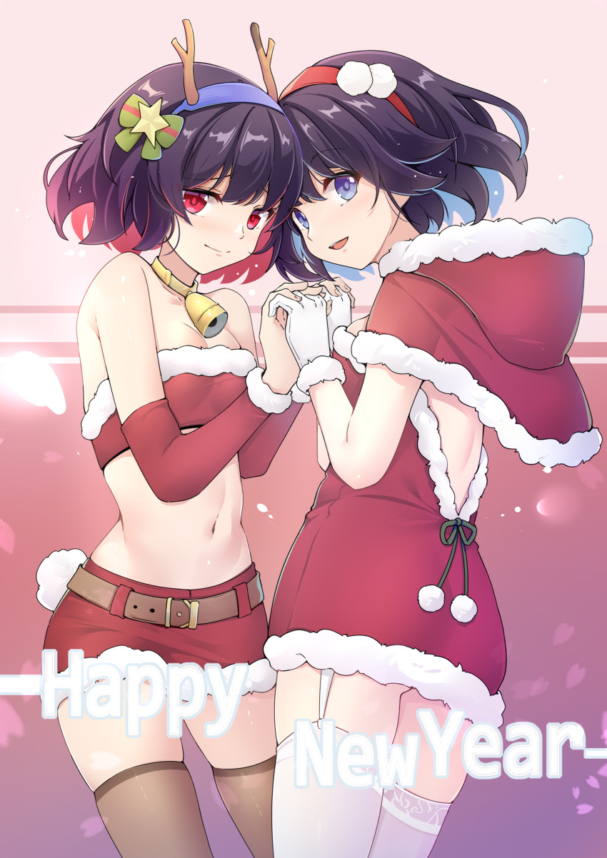 2girls absurdres ahoge antlers bare_shoulders bell black_hair black_thighhighs blue_eyes blue_hair blush breasts christmas christmas_ornaments closed_mouth deer_antlers detached_sleeves dress garter_belt gloves hair_between_eyes hair_ornament highres holding_hands honkai_(series) honkai_impact_3rd horns looking_at_viewer miniskirt multicolored_hair multiple_girls neck_bell open_mouth pink_background qingye_ling red_eyes red_hair santa_bra santa_dress santa_gloves seele_(alter_ego) seele_vollerei seele_vollerei_(stygian_nymph) short_dress short_hair skirt small_breasts smile thighhighs two-tone_hair white_thighhighs