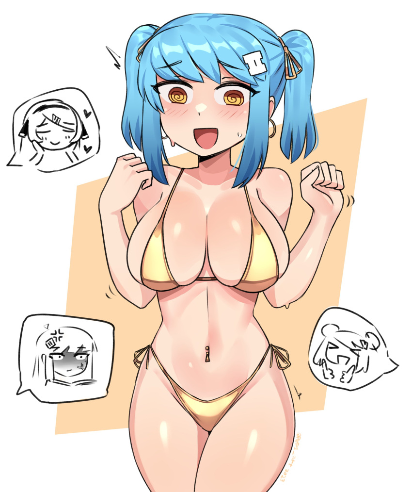 @_@ absurdres bikini blue_hair blush breasts brown_eyes cleavage cowboy_shot earrings embarrassed female gold_bikini gradient_hair hair_ornament hairclip hands_up highleg highleg_bikini highres hoop_earrings ii_(peps_art) jewelry large_breasts looking_at_breasts looking_down multicolored_hair navel navel_piercing nervous_smile open_mouth original peps_art piercing shiny_clothes shiny_swimsuit short_twintails side-tie_bikini_bottom sidelocks simple_background smile solo_focus speech_bubble stomach straight-on string_bikini sweat swept_bangs swimsuit twintails vi_(peps_art)