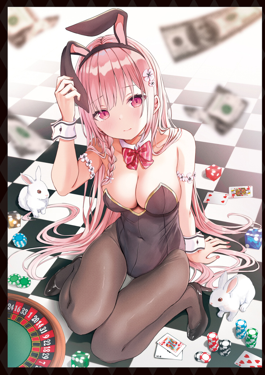 ace_(playing_card) ace_of_clubs akino_ell animal animal_ears arm_support arm_up banknote bare_shoulders black_footwear black_hairband black_leotard blurry bow bowtie braid breasts brown_pantyhose card checkered_floor cleavage club_(shape) covered_navel depth_of_field detached_collar dice dollar_bill eight_of_hearts fake_animal_ears female four_of_hearts gold_trim hair_spread_out hairband high_heels highres king_(playing_card) king_of_hearts_(playing_card) large_breasts leotard long_hair looking_at_viewer money nail_polish original pantyhose pink_hair playboy_bunny playing_card poker_chip queen_(playing_card) queen_of_hearts_(playing_card) rabbit rabbit_ears red_eyes sitting solo strapless strapless_leotard tile_floor tiles very_long_hair wrist_cuffs