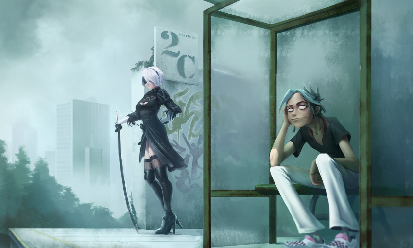 1boy 2b_(nier:automata) amoralcrow black_dress black_footwear black_shirt blindfold blue_hair boots bus_stop checkered_footwear crossover dress female fog gorillaz graffiti high_heel_boots high_heels highres katana nier:automata nier_(series) no_pupils pants pun shirt shoes sitting sneakers standing stuart_pot sword thigh_boots thighhighs thighhighs_under_boots train_station vans weapon white_eyes white_hair white_pants