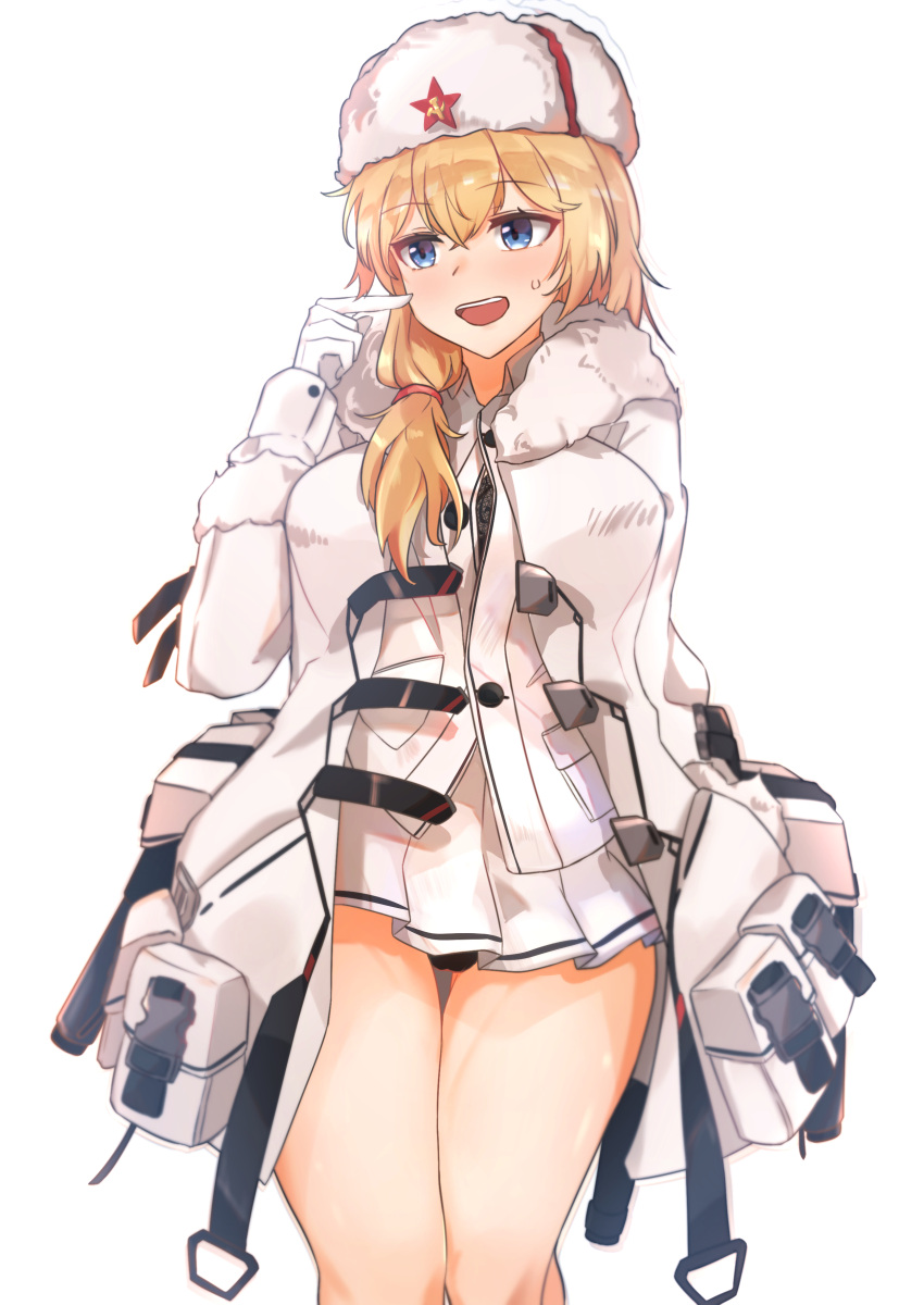 absurdres blonde_hair blue_eyes commentary_request cowboy_shot female fur_hat girls'_frontline gloves hat highres long_hair long_sleeves miniskirt mosin-nagant_(girls'_frontline) mosin-nagant_(mod3)_(girls'_frontline) muteppona_hito pleated_skirt red_star shawl shirt simple_background skirt solo standing star_(symbol) ushanka white_background white_gloves white_shirt white_skirt