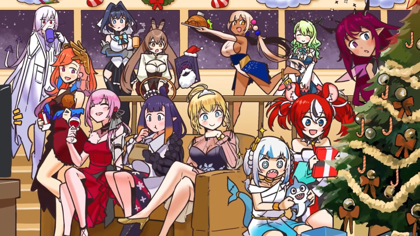 6+girls animal_ears antlers ao-chan_(ninomae_ina'nis) black_hair blonde_hair bloop_(gawr_gura) blue_eyes blue_hair blunt_bangs braid braided_bangs branch breasts candy candy_cane ceres_fauna ceres_fauna_(1st_costume) chains christmas christmas_tree cleavage couch cup dark-skinned_female dark_skin dress drinking_glass earrings eating elbow_gloves evening_gown feather_earrings feathers fins fish_tail food gawr_gura gawr_gura_(party_dress) gift gloves gradient_hair green_hair grey_hair hair_intakes hair_ornament hakos_baelz halo headband heterochromia highres holocouncil hololive hololive_english holomyth horns irys_(hololive) jewelry light_brown_hair limiter_(tsukumo_sana) long_hair mori_calliope mori_calliope_(party_dress) mouse_ears mouse_girl multicolored_hair multiple_girls nanashi_mumei ninomae_ina'nis ninomae_ina'nis_(party_dress) official_art omega_alpha open_mouth orange_hair ouro_kronii pink_hair planet_hair_ornament pointy_ears purple_eyes purple_hair red_hair see-through shark_girl shark_tail sharp_teeth short_hair single_braid skirt sky smile star_(sky) starry_sky streaked_hair tail takanashi_kiara takanashi_kiara_(party_dress) teeth television tentacle tentacle_hair tiara triangle_halo tsukumo_sana tsukumo_sana_(1st_costume) turkey_(food) twintails very_long_hair virtual_youtuber watson_amelia watson_amelia_(party_dress) wine_glass wings wllmagic yellow_eyes