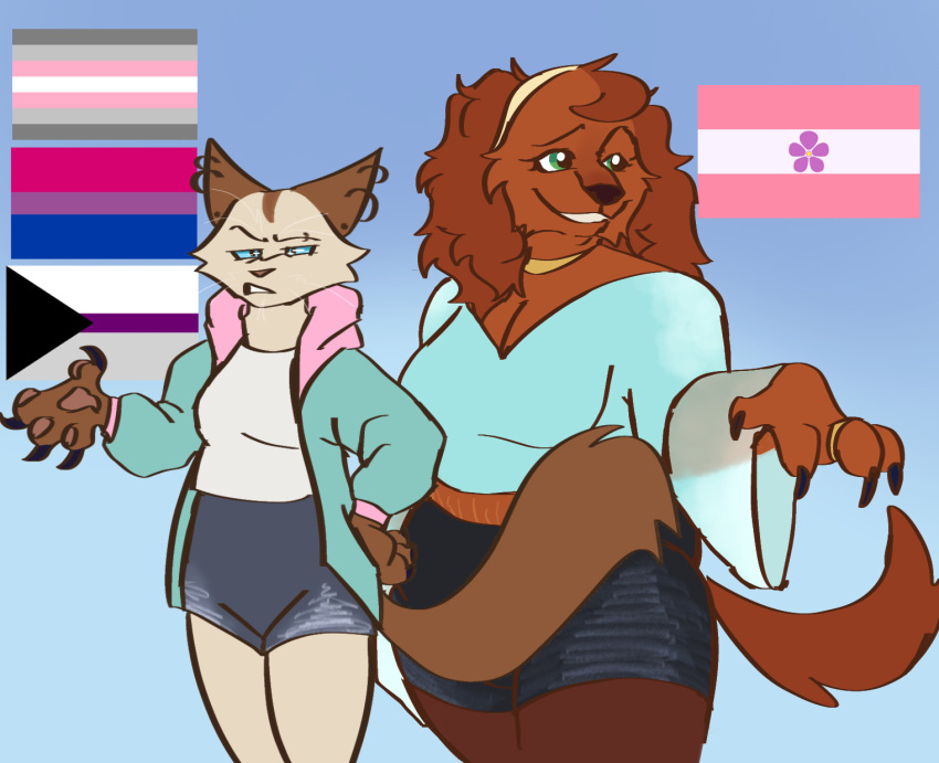 angelina_davis anthro bisexual_pride_colors bottomwear breasts canid canine canis clawed_fingers cleavage clothed clothing collie cutoffs demigirl_pride_colors demisexual_pride_colors denim denim_clothing domestic_cat domestic_dog duo ear_piercing ear_ring felid feline felis female fluffy genevieve_ryan handpaw hasbro herding_dog hi_res hoodie hotpants javatello jewelry lgbt_pride littlest_pet_shop lps_252 lps_5 lps_popular mammal necklace pastoral_dog pawpads paws piercing pride_colors ring_piercing sheepdog shirt shorts siamese stretch_marks tail topwear