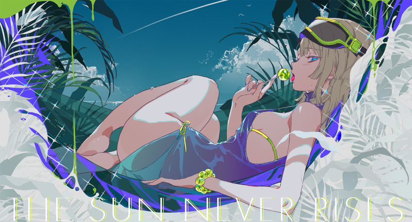 aa-12_(girls'_frontline) aa-12_(the_sun_never_rises)_(girls'_frontline) ass bags_under_eyes bare_legs barefoot bikini blue_eyes blue_sky bracelet breasts candy contrail day female food from_side girls'_frontline goggles goggles_on_head hammock highres jewelry light_brown_hair lollipop looking_at_viewer lying nail_polish profile see-through side-tie_bikini_bottom silverwing sky small_breasts solo strap_gap sweat swimsuit tongue tongue_out