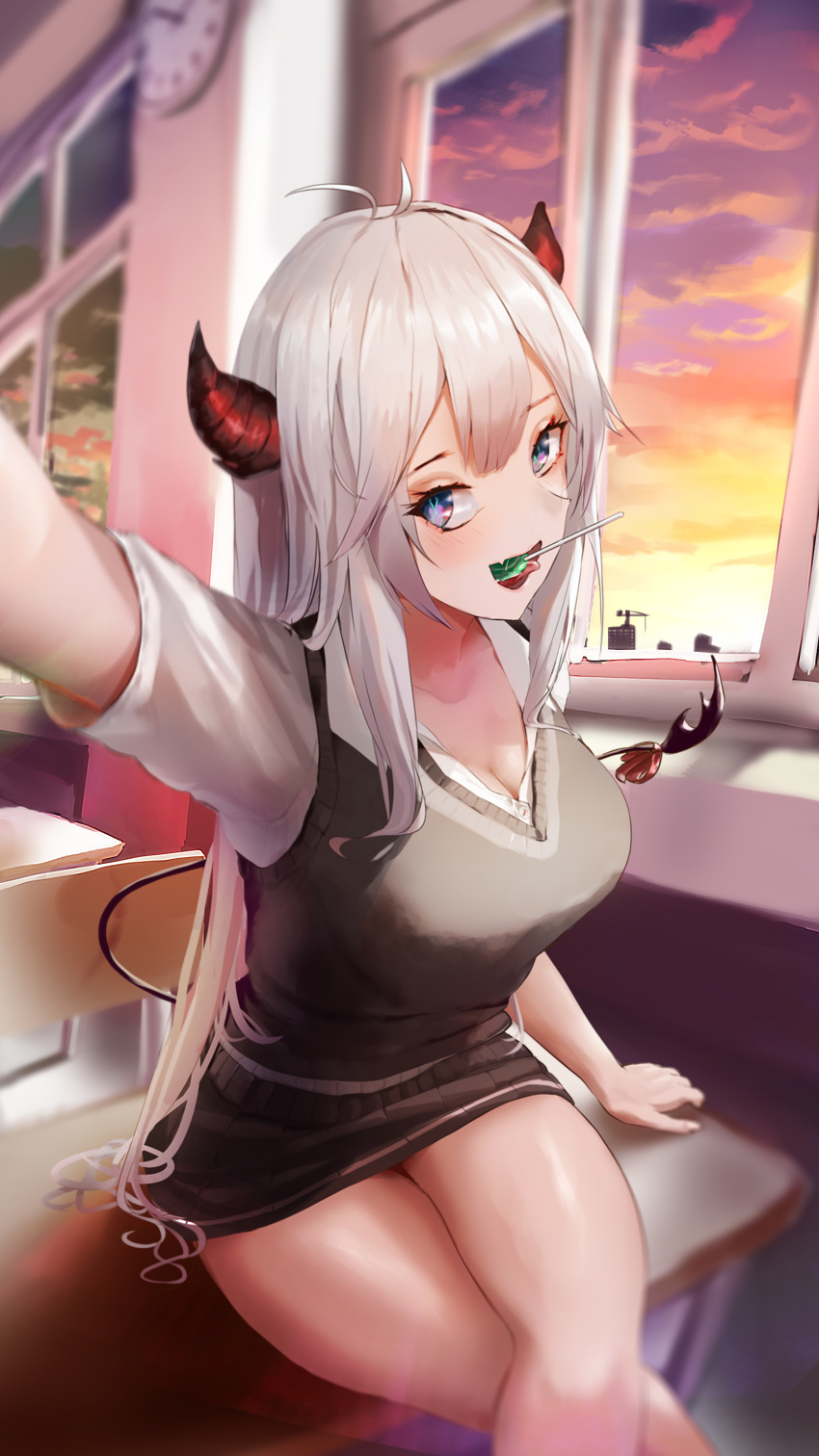 absurdres blue_eyes breasts classroom crossed_legs demon_girl demon_horns demon_tail desk dusk female highres horns indoors large_breasts long_hair on_desk school_uniform sitting skirt solo sweater_vest tail thighs vei_(vtuber) vei_(vtuber)_(1st_costume) very_long_hair virtual_youtuber vshojo wanne white_hair