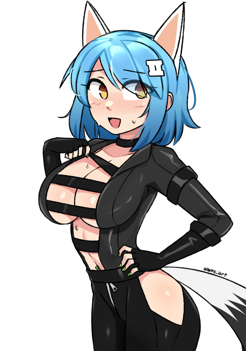 animal_ears black_bodysuit black_straps blue_hair blush bodysuit bodysuit_pull breasts brown_eyes choker cleavage cowboy_shot elbow_gloves female fingerless_gloves fox_ears fox_tail gloves gradient_hair green_nails hair_ornament hairclip hand_on_own_hip highres hip_vent ii_(peps_art) jumpsuit large_breasts looking_to_the_side medium_hair multicolored_hair navel navel_piercing nervous_smile open_mouth original peps_art piercing simple_background smile strap_pull sweat swept_bangs tail twitter_username white_background