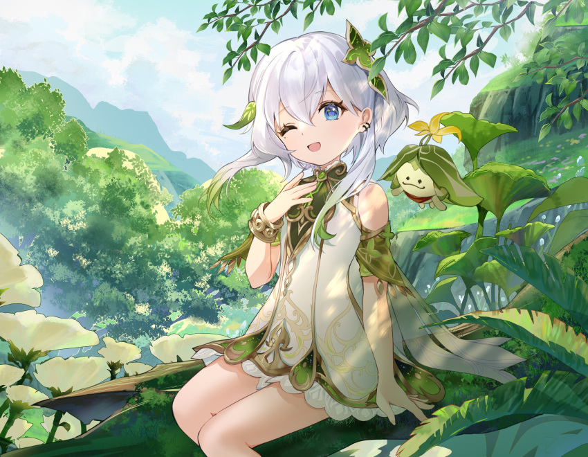 ;d absurdres alternate_eye_color arama_(genshin_impact) aranara_(genshin_impact) bare_shoulders bloomers blue_eyes blue_sky bracelet branch cape cloud colored_tips day detached_sleeves dress ear_piercing female floating_hair flower genshin_impact gold_trim gradient_hair green_hair hair_behind_ear hair_between_eyes hair_ornament hand_up highres jewelry leaf leaf_hair_ornament long_hair mole mole_under_eye mountain multicolored_hair nahida_(genshin_impact) nature one_eye_closed open_mouth outdoors piercing plant short_dress short_sleeves sidelocks sitting sky sleeveless sleeveless_dress smile solo thighs tree two-tone_hair ume_(plumblossom) underwear white_bloomers white_cape white_dress white_hair yellow_flower yokozuwari