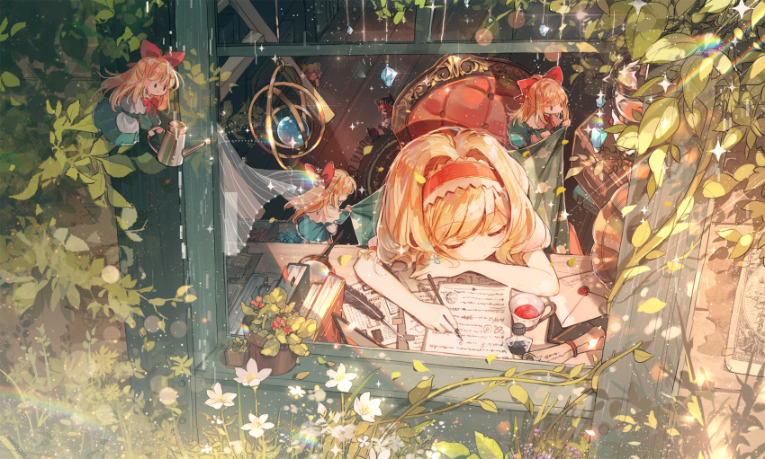 alice_margatroid armillary_sphere blanket blonde_hair blue_dress capelet chair closed_eyes commentary_request covering_with_blanket doll dress feathers female flower hairband highres ink mixed-language_commentary open_window pen plant puffy_short_sleeves puffy_sleeves rokusai shanghai_doll short_sleeves sleeping static_world tea touhou vines window