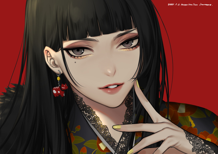 artist_name black_hair blunt_bangs chinese_zodiac commentary_request dated earrings eyeshadow female finger_to_cheek grey_eyes happy_new_year highres inanome_me japanese_clothes jewelry kimono lace lace_trim long_hair looking_at_viewer makeup mole mole_under_eye nail_polish new_year original parted_lips partial_commentary portrait red_background smile solo tsurime year_of_the_ox yellow_nails