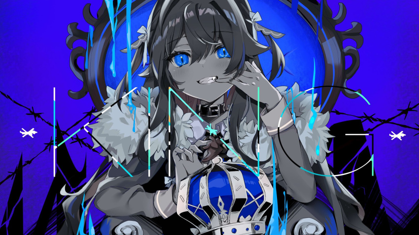 alternate_costume barbed_wire blue_background blue_eyes blush chair collar commentary_request crown english_text female grin hair_between_eyes highres indie_virtual_youtuber kagura_nana king_(vocaloid) long_hair looking_at_viewer nana_kagura portrait simple_background smile solo song_name unworn_crown virtual_youtuber