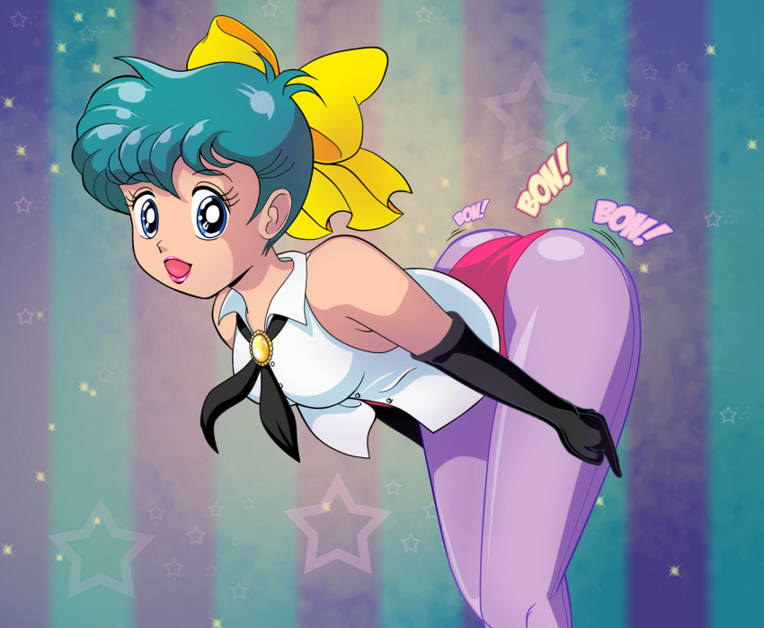 80s ass_shake blue_eyes elbow_gloves gloves green_hair leaning_forward leotard lipstick magical_emi mahou_no_star_magical_emi makeup oldschool pantyhose pepipopo ribbon