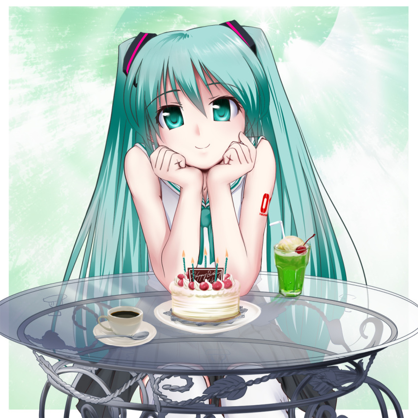 aqua_eyes aqua_hair bare_shoulders birthday birthday_cake cake candle cherry commentary_request cup drinking_straw female food fruit glass_table hair_ornament happy_birthday hatsune_miku head_rest highres ice_cream ice_cream_float long_hair looking_at_viewer melon_soda ooiso_shouryuu pov_across_table pov_dating skirt solo spoon strawberry table teacup thighhighs twintails very_long_hair vocaloid white_thighhighs