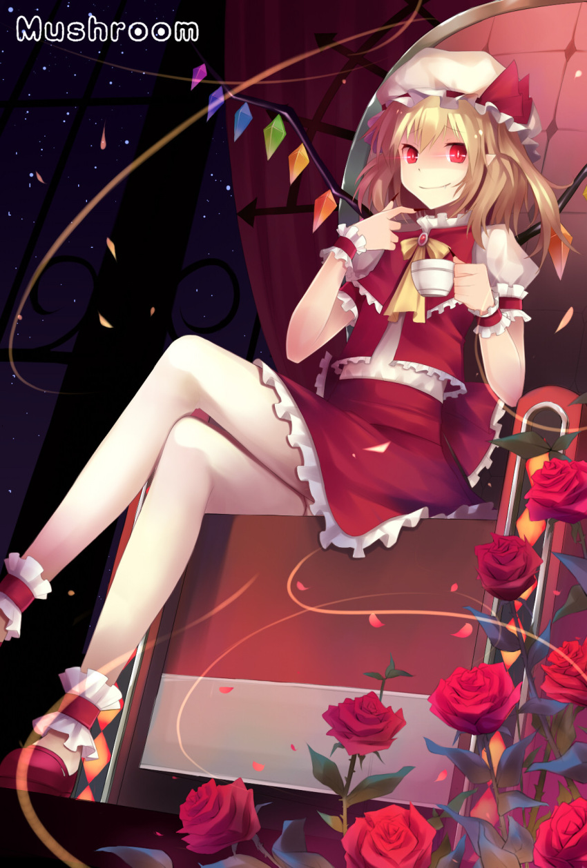 ankle_cuffs artist_name bad_id bad_pixiv_id blonde_hair chair crossed_legs crystal female flandre_scarlet flower glowing glowing_eyes hat hat_ribbon highres mushroom_(artist) oerba_yun_fang pointy_ears puffy_sleeves red_eyes red_flower red_rose ribbon rose short_hair short_sleeves side_ponytail sitting smile solo star_(symbol) touhou wings wrist_cuffs