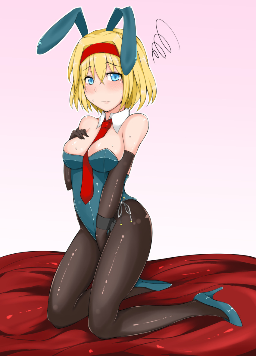 alice_margatroid animal_ears black_pantyhose blonde_hair blue_eyes blue_leotard bow breasts cleavage commentary_request detached_collar elbow_gloves fake_animal_ears female fuurai_(resuty) gloves hairband hairbow highres large_breasts leotard necktie pantyhose playboy_bunny rabbit_ears short_hair solo touhou