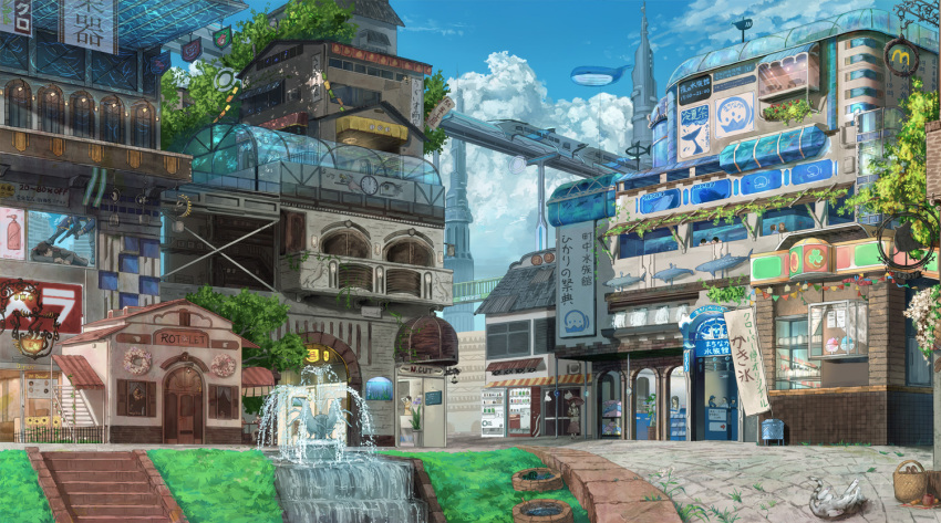 arm_up bad_id bad_pixiv_id balcony banner basket building clock commentary_request day door feline fountain multiple_boys multiple_girls nagakura_(seven_walkers) original outdoors pavement plant potted_plant scenery shinkansen sign spire stairs statue train umbrella wall water window