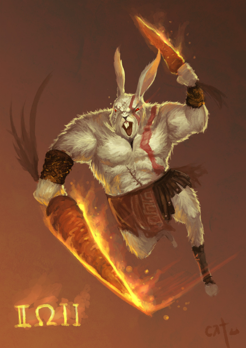 animalization bunny carrot furry god_of_war highres kratos parody rabbit scar tattoo weapon