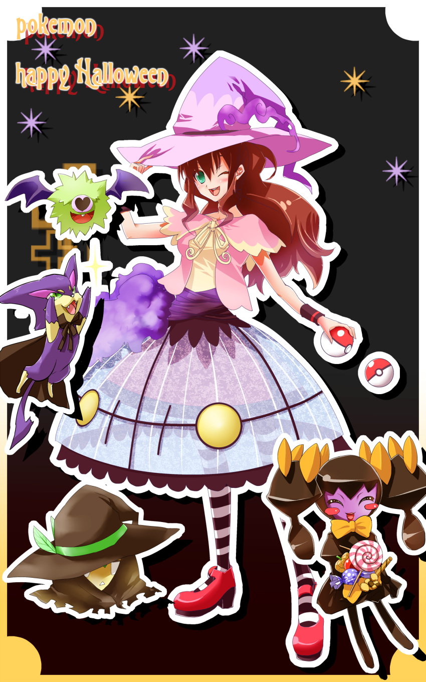 absurdres blush blush_stickers brown_hair commentary_request copyright_name female gothorita green_eyes halloween happy_halloween hat highres hilda_(pokemon) kyougoku_touya long_hair one_eye_closed pantyhose poke_ball pokemon pokemon_(creature) pokemon_bw purrloin smile striped_clothes striped_pantyhose swadloon very_long_hair witch_hat woobat