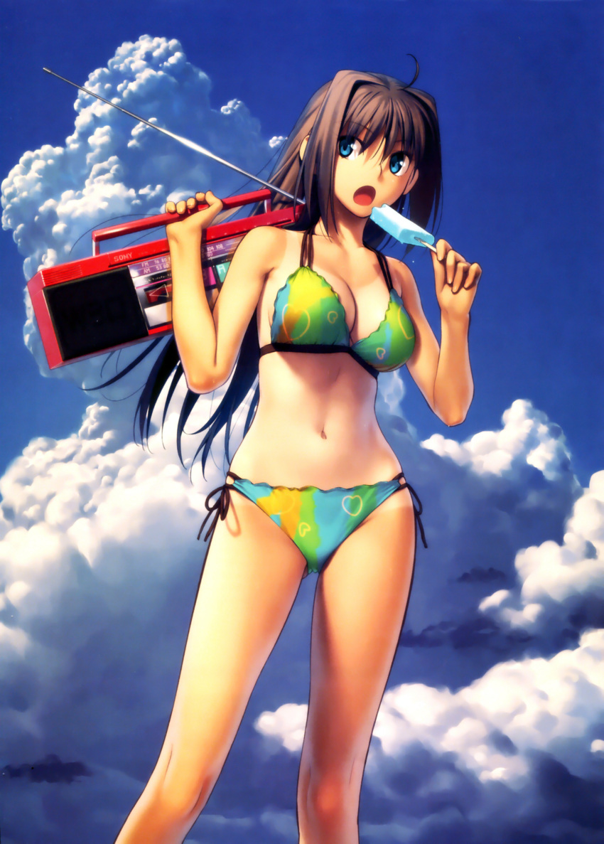 absurdres ahoge aozaki_aoko bikini blue_eyes boombox brand_name_imitation breasts brown_hair cloud day female food green_bikini hair_intakes highres holding_boombox koyama_hirokazu large_breasts long_hair mahou_tsukai_no_yoru multi-strapped_bikini_bottom multi-strapped_bikini_top multicolored_bikini multicolored_clothes navel one-piece_tan photoshop_(medium) popsicle scan side-tie_bikini_bottom sky solo sony swimsuit tan tanlines