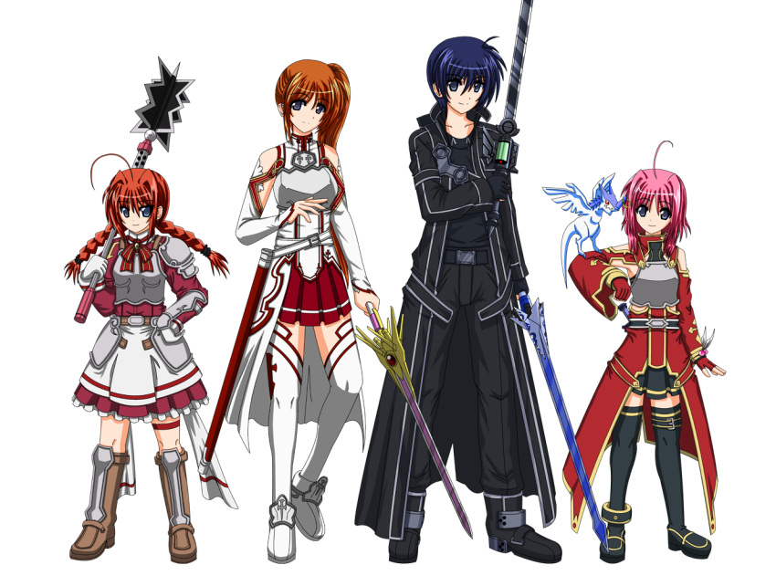 1boy 3girls ahoge alternate_weapon armor asuna_(sao) asuna_(sao)_(cosplay) bare_shoulders black_hair blue_eyes boots braid breastplate brown_hair caro_ru_lushe chrono_harlaown commentary_request cosplay creature creature_on_arm dagger detached_sleeves dragon dragon_on_shoulder dual_wielding durandal_(nanoha) ebon_dagger faulds fingerless_gloves flanged_mace friedrich_(nanoha) gloves graf_eisen holding holding_mace holding_sword holding_weapon kirito kirito_(cosplay) knife lisbeth_(sao) lisbeth_(sao)_(cosplay) long_hair lyrical_nanoha mace mahou_shoujo_lyrical_nanoha_strikers mini_dragon multiple_girls pina_(sao) pink_hair purple_eyes raising_heart red_hair s2u sanarii sheath short_hair shoulder_armor side_ponytail silica silica_(cosplay) skirt spiked_mace spikes sword sword_art_online takamachi_nanoha thighhighs twin_braids unsheathed vita_(nanoha) weapon white_background zettai_ryouiki