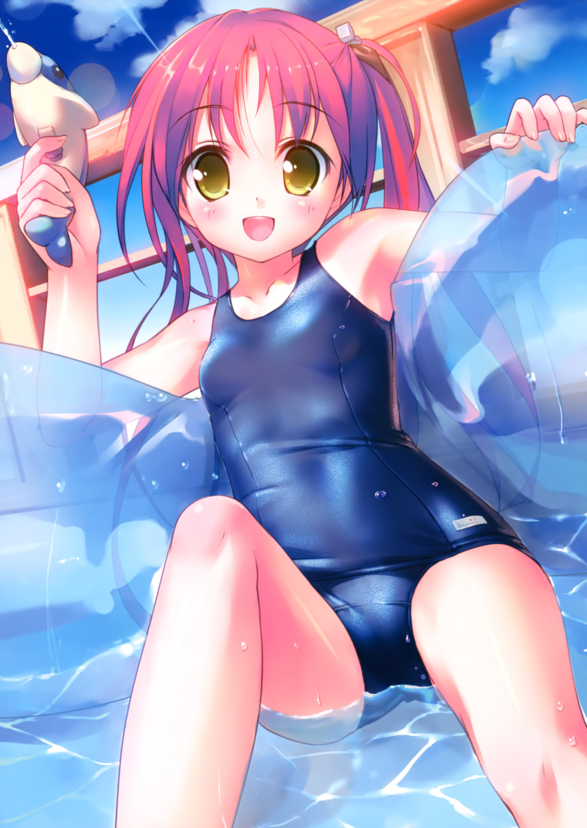 :d absurdres blush cube_hair_ornament female hair_ornament highres holding looking_at_viewer one-piece_swimsuit open_mouth original red_hair school_swimsuit shiny_clothes sitting smile solo swimsuit takoyaki_(roast) water water_gun wet wet_clothes yellow_eyes