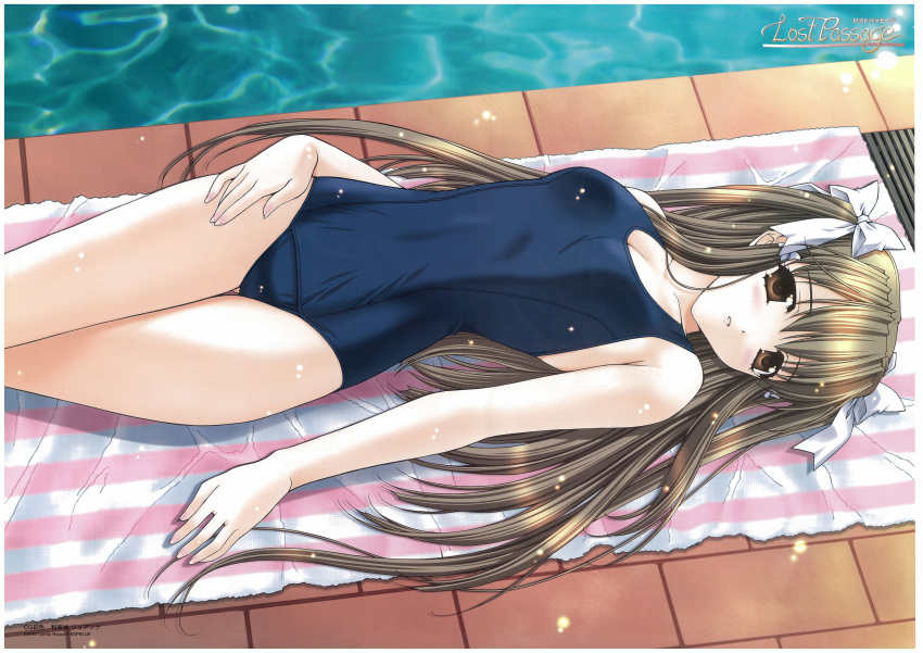 absurdres bare_shoulders blush border brown_eyes brown_hair copyright_name covered_navel drain_(object) female hair_ribbon highres kimizuka_aoi long_hair looking_at_viewer lost_passage lying on_back one-piece_swimsuit parted_lips photoshop_(medium) pool poolside ribbon school_swimsuit solo striped swimsuit towel very_long_hair water yamabuki_sayuki