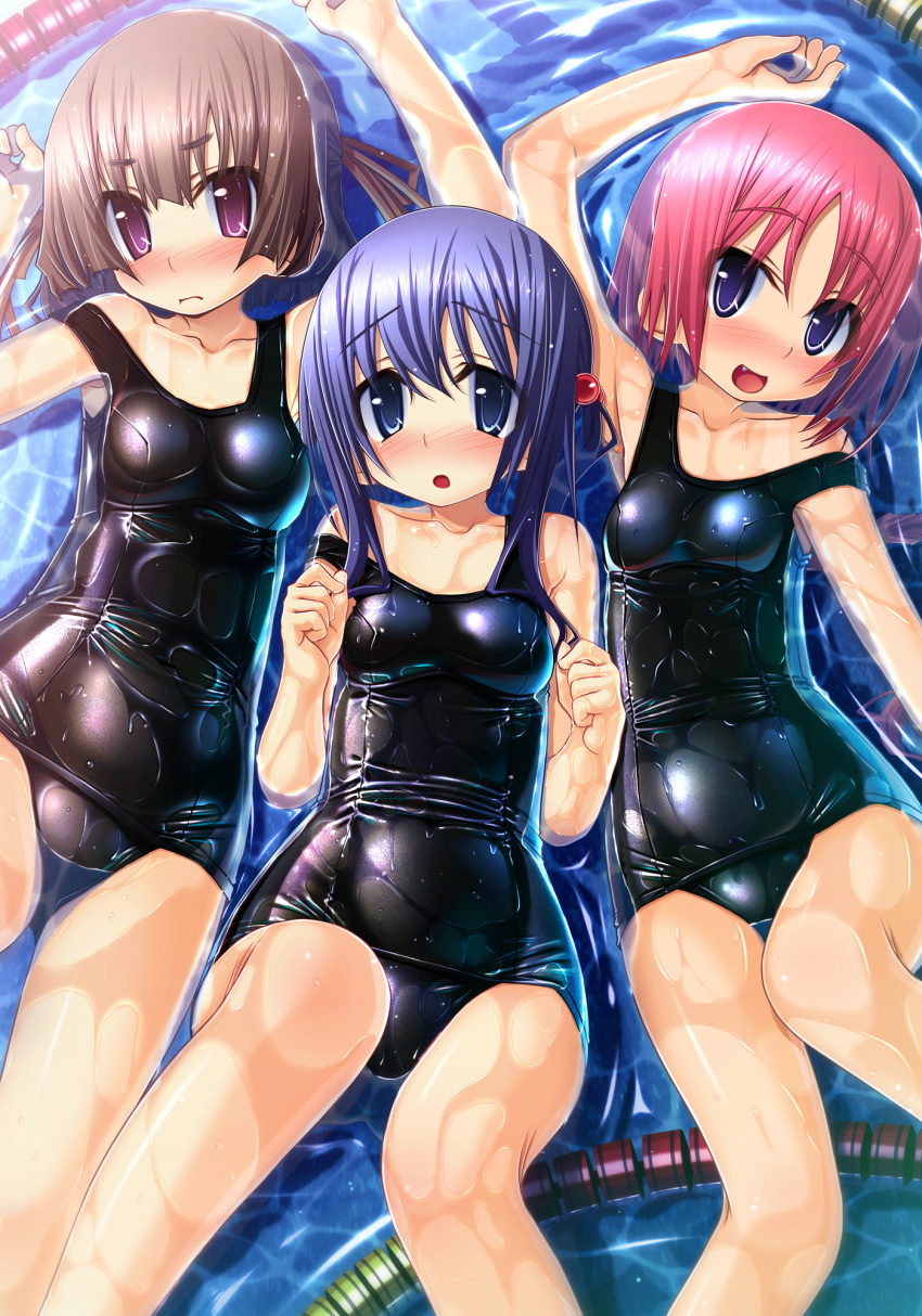 3girls blue_eyes blue_hair blush breasts brown_hair character_request commentary_request from_above hair_bobbles hair_ornament highres medium_breasts multiple_girls oerba_yun_fang one-piece_swimsuit open_mouth pink_hair purple_eyes sakuya_tsuitachi school_swimsuit shiny_clothes short_hair sidelocks skindentation strap_slip sukumizu_tabehoudai swimsuit water wet wet_clothes