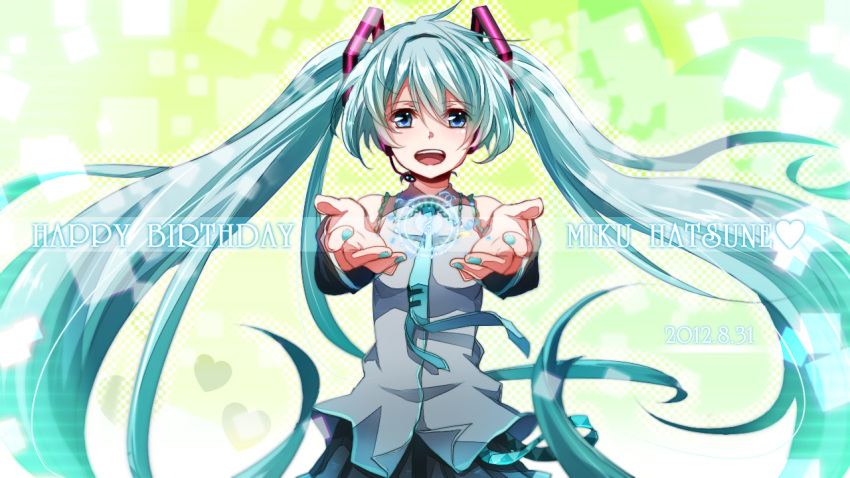 aqua_eyes aqua_hair character_name commentary_request female happy_birthday hatsune_miku headset long_hair looking_at_viewer necktie open_mouth reaching solo tsujiori twintails very_long_hair vocaloid