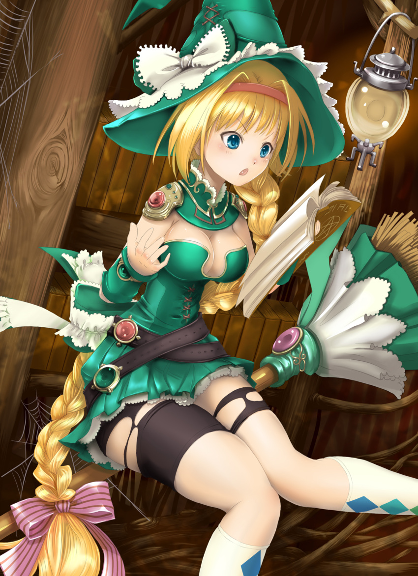 amajita bad_id bad_pixiv_id bike_shorts blonde_hair blue_eyes book braid breasts broom broom_riding cleavage d: female hat highres lamp large_breasts long_hair open_mouth original reading ribbon silk socks spider_web torn_bike_shorts torn_clothes very_long_hair witch_hat