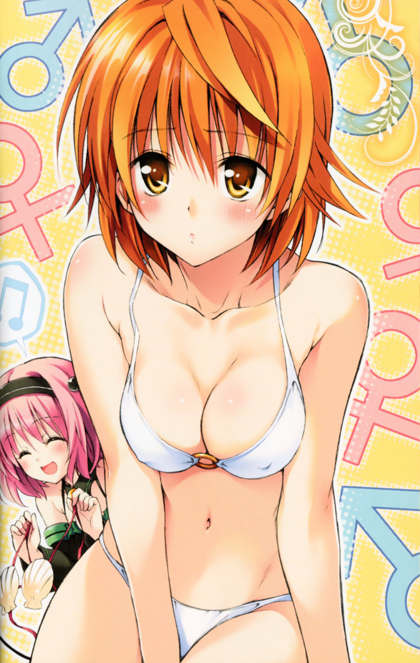 2girls :d absurdres bikini breasts brown_eyes cleavage collarbone covered_nipples genderswap_(mtf) highres looking_at_viewer mars_symbol medium_breasts momo_velia_deviluke multiple_girls navel o-ring o-ring_bikini o-ring_top official_art open_mouth orange_hair photoshop_(medium) pink_hair rule_63 scan shell shell_bikini shiny_skin short_hair smile string_bikini swimsuit to_love-ru venus_symbol white_bikini yabuki_kentarou yuusaki_riko