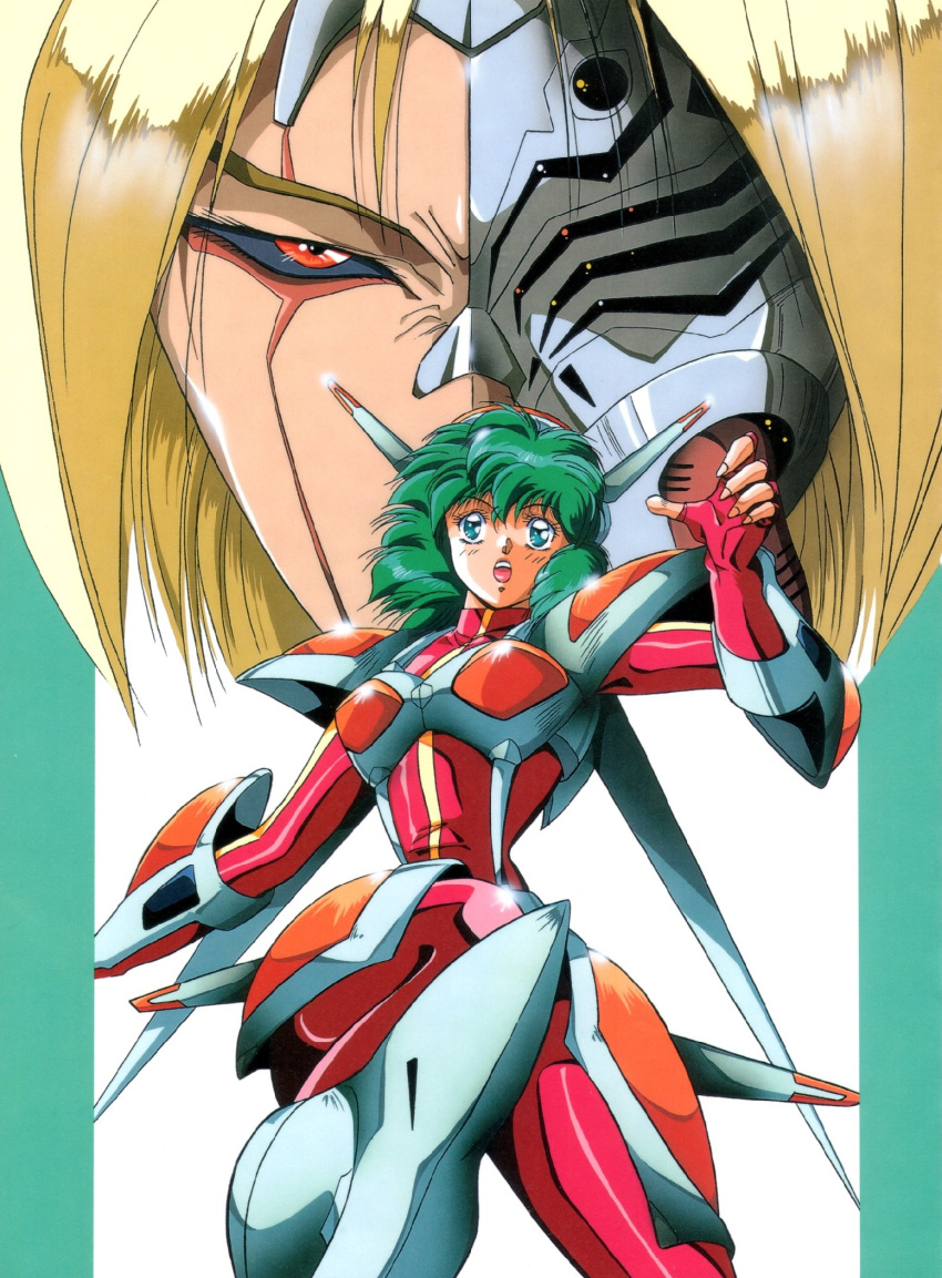 1boy armor black_sclera blonde_hair blue_eyes bodysuit chaos_(iczelion) colored_sclera female fingerless_gloves gloves green_hair headgear highres hirano_toshihiro iczelion iczer_(series) kai_nagisa mask mecha_musume official_art red_eyes scan short_hair