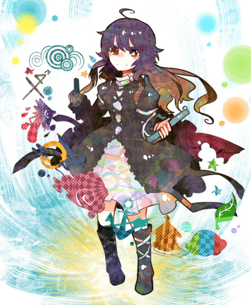 anchor bad_id bad_pixiv_id bishamonten's_pagoda boots brown_eyes brown_hair cloud dress female gradient_hair highres hijiri_byakuren itomugi-kun jewelry karakasa_obake leaf long_hair multicolored_hair purple_hair ring scroll smile solo star_(symbol) touhou ufo umbrella