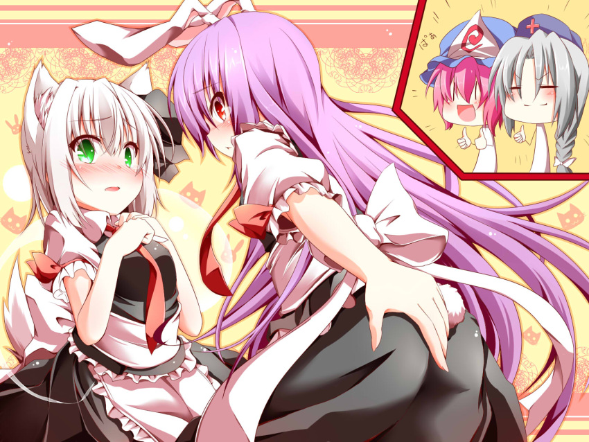 4girls :d alternate_costume animal_ears apron blush braid cat_ears cat_tail chibi closed_eyes commentary_request dog_ears dog_tail enmaided from_behind green_eyes hair_ribbon hand_on_own_ass hands_on_own_chest hat highres kemonomimi_mode konpaku_youmu long_hair maid multiple_girls necktie nurse_cap open_mouth pink_hair rabbit_ears rabbit_tail red_eyes red_necktie reisen_udongein_inaba ribbon saigyouji_yuyuko shirt short_hair skirt skirt_set smile tail tears thumbs_up touhou triangular_headpiece vest waist_apron wakagi_repa white_hair yagokoro_eirin |_|