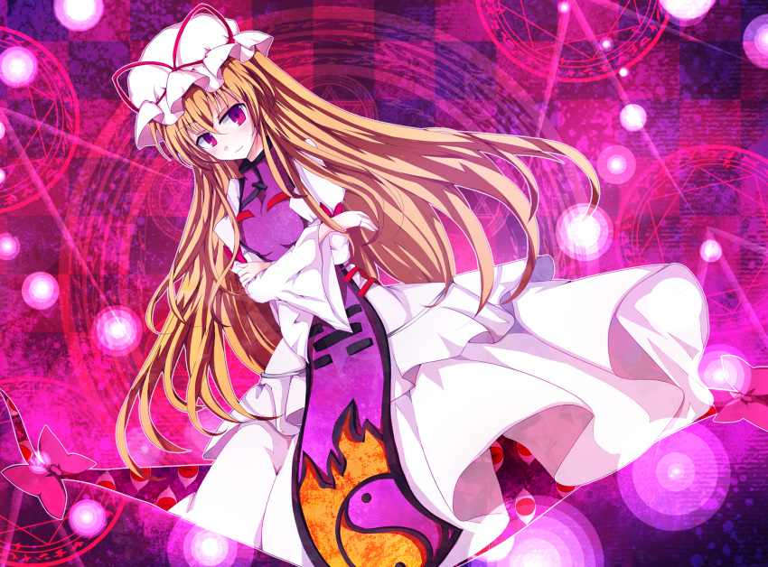 bad_id bad_pixiv_id blonde_hair blush bow crossed_arms female gap_(touhou) hat hat_ribbon highres kuroi_paseri long_hair long_sleeves magic_circle puffy_sleeves purple_eyes ribbon solo tabard touhou trigram very_long_hair wide_sleeves yakumo_yukari