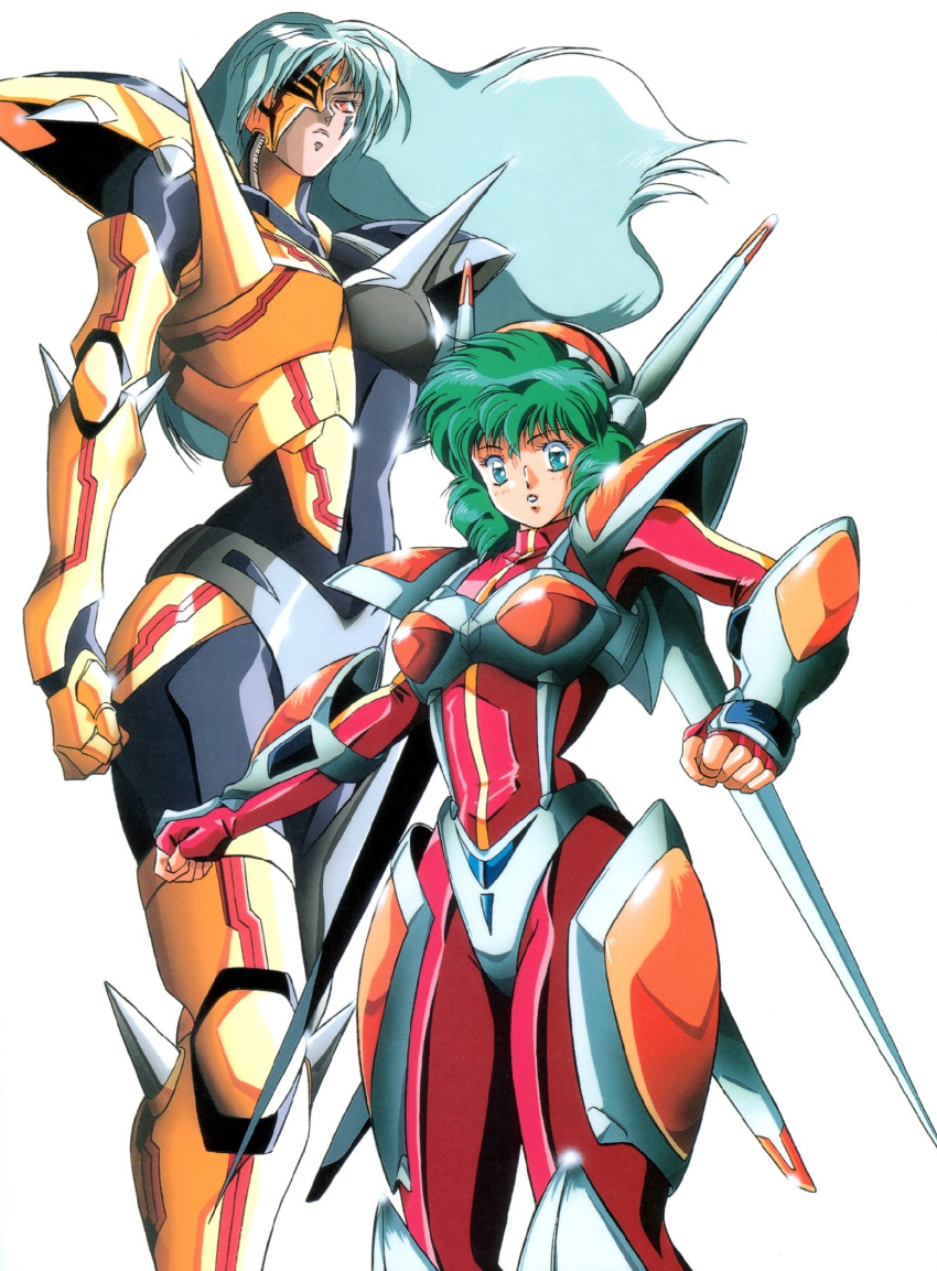 1980s_(style) 2girls armor blue_eyes blue_hair bodysuit clenched_hand clenched_hands cross_(iczelion) expressionless fingerless_gloves gloves green_hair headgear highres hirano_toshihiro iczelion iczer_(series) kai_nagisa light_blue_hair long_hair mask mecha_musume multiple_girls official_art orange_eyes retro_artstyle scan short_hair white_background