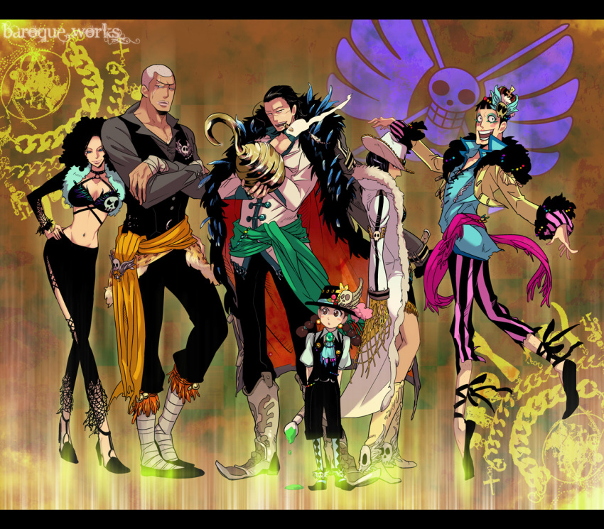 3boys 3girls 69bones alternate_costume bad_id bad_pixiv_id black_hair bon_clay breasts cleavage coat collarbone cowboy_hat crocodile_(one_piece) daz_bones fabulous fur_coat hat height_difference hook_hand jewelry large_breasts long_hair makeup miss_goldenweek multiple_boys multiple_girls nico_robin one_piece paintbrush paula_(one_piece) short_hair socks striped_clothes striped_socks wavy_hair