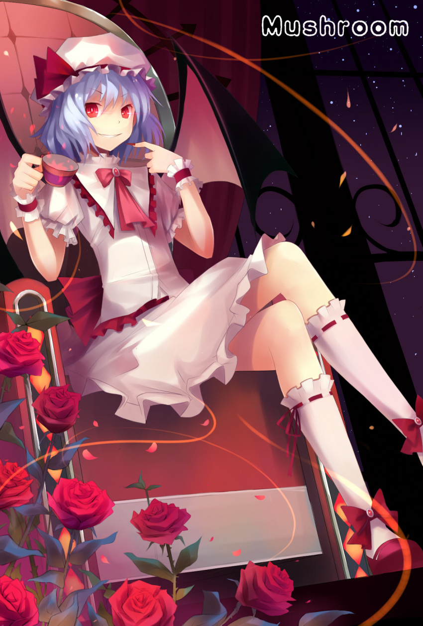 ankle_ribbon artist_name bad_id bad_pixiv_id bat_wings blue_hair chair crossed_legs cup female flower glowing glowing_eyes grin hat hat_ribbon highres leg_ribbon mushroom_(artist) puffy_sleeves red_eyes red_flower red_rose remilia_scarlet ribbon rose short_hair short_sleeves sitting smile solo star_(symbol) teacup touhou wings wrist_cuffs