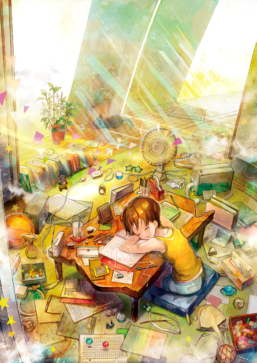 bag ball bandaid blonde_hair book clock closed_eyes commentary_request cup digital_clock drinking_glass drinking_straw eraser feline female hand_fan highres indoors light_rays loaded_interior messy_room neyagi open_mouth original pencil plant potted_plant short_hair shorts slipping solo star_(symbol) sunbeam sunlight table tissue_box