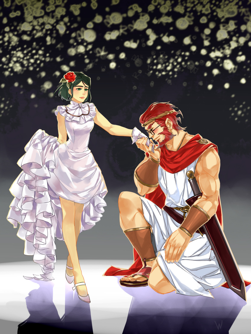 1boy absurdres ancient_greek_clothes beard blush chiton circlet cloak commentary_request dress facial_hair fate/zero fate_(series) female flower genderswap_(mtf) glasses gloves gown greco-roman_clothes greece green_eyes green_hair hair_flower hair_ornament highres iskandar_(fate) iskandar_(sensha_otoko)_(fate) kissing kissing_hand on_one_knee partial_commentary photoshop_(medium) red_eyes rule_63 sandals sensha_otoko sheath short_hair sword waver_velvet waver_velvet_(sensha_otoko) weapon white_gloves wirttian