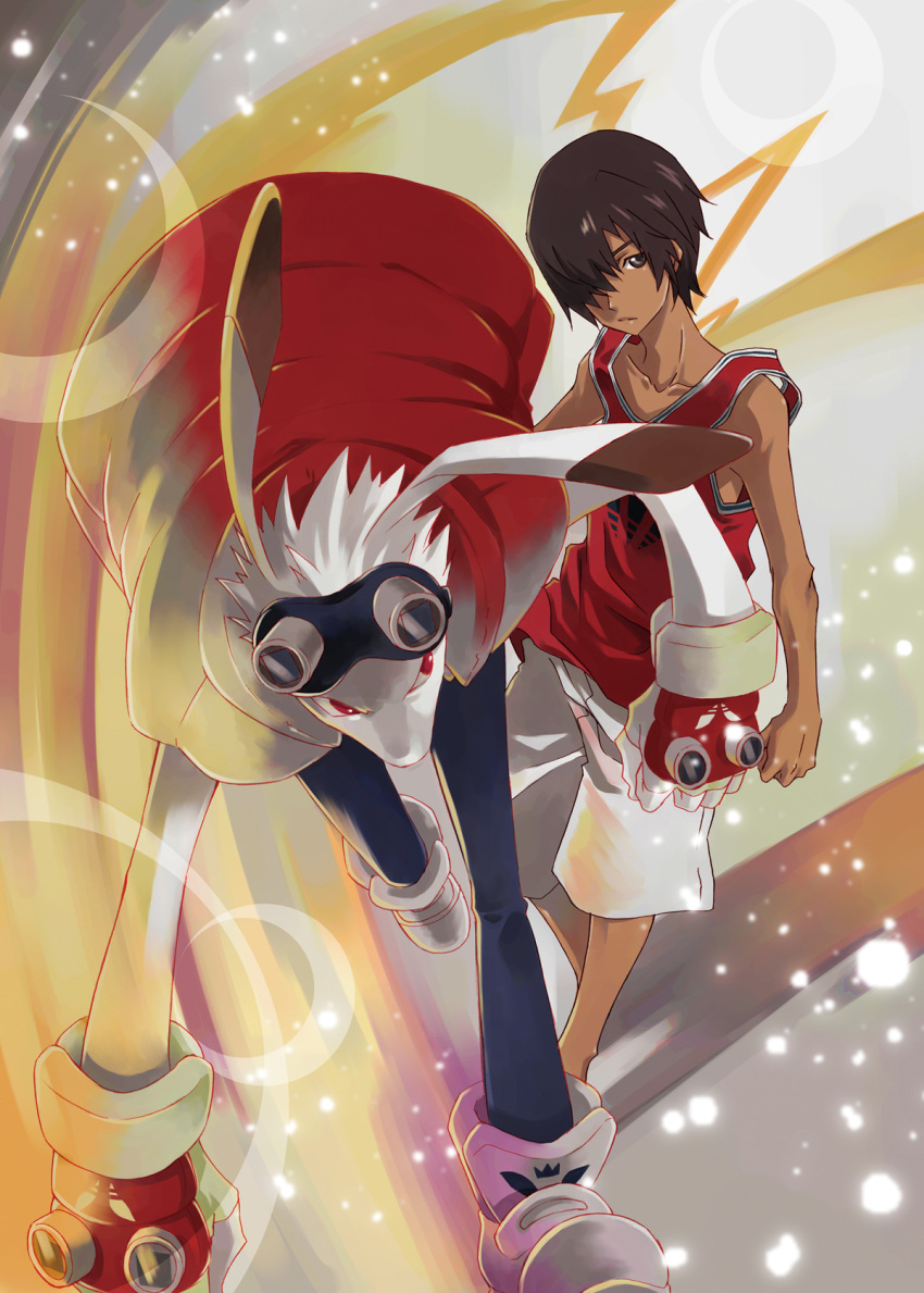 1boy animal_ears black_eyes black_hair commentary_request dark-skinned_male dark_skin fingerless_gloves gloves goggles goggles_on_head hair_over_one_eye highres ikezawa_kazuma king_kazma mikuni_saho rabbit_ears rabbit_tail red_eyes shorts summer_wars tail tank_top