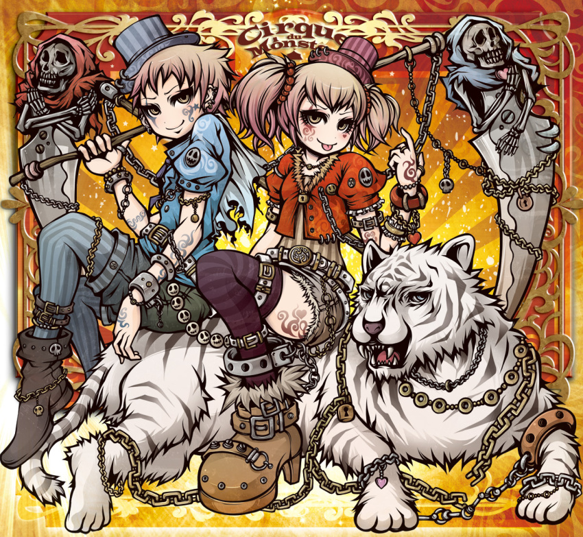 1boy :p belt boots bracelet brother_and_sister brown_eyes brown_hair chains cirque_du_monster commentary_request copyright_name female futago_no_shinigami_adam_&_eva hat heart jewelry official_art photoshop_(medium) project.c.k. scythe short_hair shorts siblings sitting skeleton skull striped_clothes striped_thighhighs tattoo thighhighs tiger tongue tongue_out twins twintails