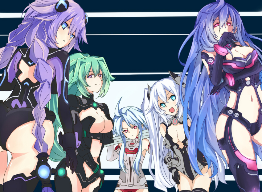 5girls aqua_eyes ass black_heart_(neptunia) blue_eyes blue_hair braid breasts bustier cleavage commentary_request green_hair green_heart_(neptunia) ichigomiruku iris_heart kami_jigen_game_neptune_v large_breasts long_hair medium_breasts multiple_girls neptune_(series) ponytail purple_eyes purple_hair purple_heart_(neptunia) red_eyes revealing_clothes smile symbol-shaped_pupils twin_braids twintails very_long_hair white_hair white_heart_(neptunia)