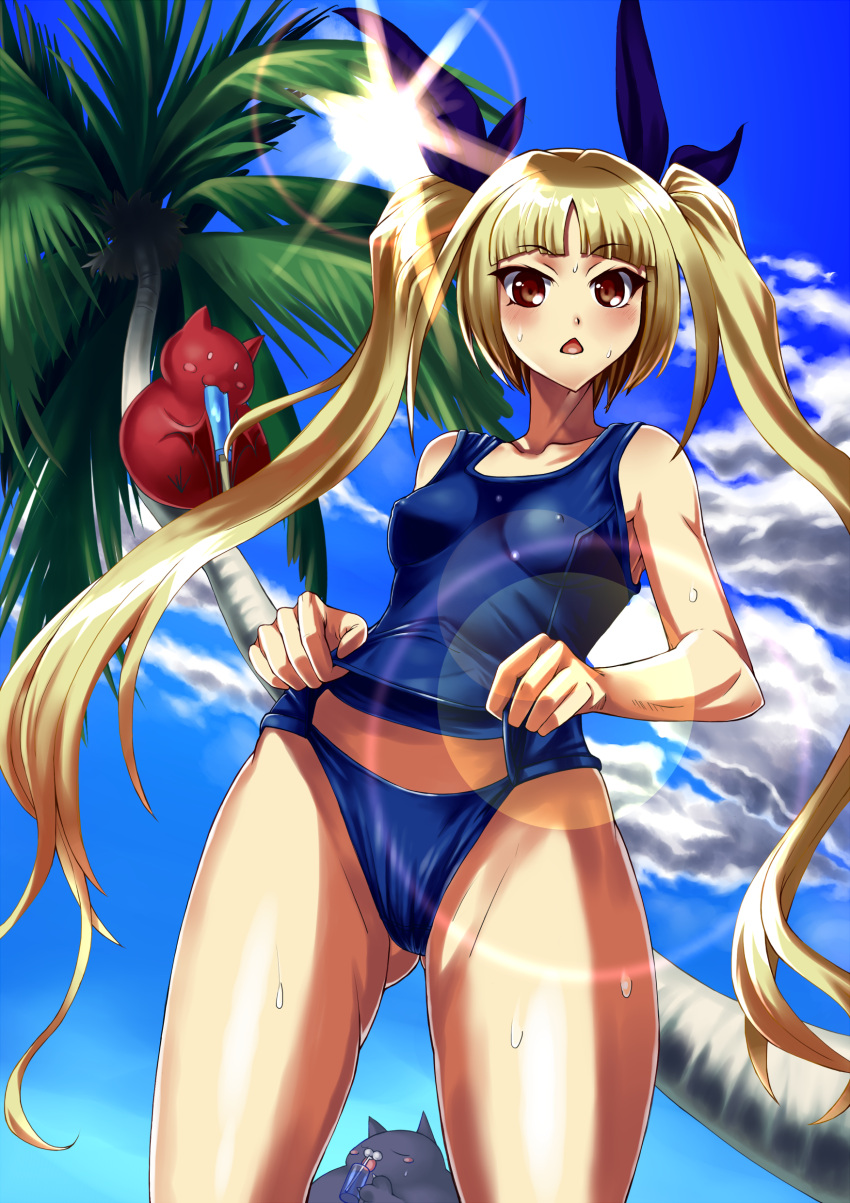 absurdres bad_id bad_pixiv_id blazblue blonde_hair breasts cloud covered_nipples day feline female food gii highres kanateko lens_flare long_hair medium_breasts nago one-piece_swimsuit palm_tree popsicle rachel_alucard red_eyes school_swimsuit school_swimsuit_flap solo sun swimsuit tree twintails