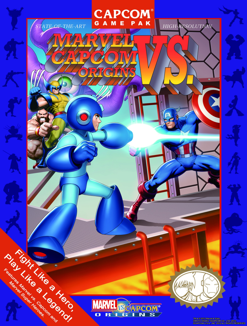 1980s_(style) 4boys absurdres arm_cannon capcom captain_america chun-li cover english_text fake_cover highres ladder lava marvel marvel_vs._capcom mega_man_(character) mega_man_(classic) mega_man_(series) mori_toshiaki multiple_boys official_art parody photoshop_(medium) retro_artstyle shield shuma_gorath silhouette steve_rogers street_fighter strider_(video_game) strider_hiryuu video_game_cover weapon wolverine_(x-men) x-men zangief