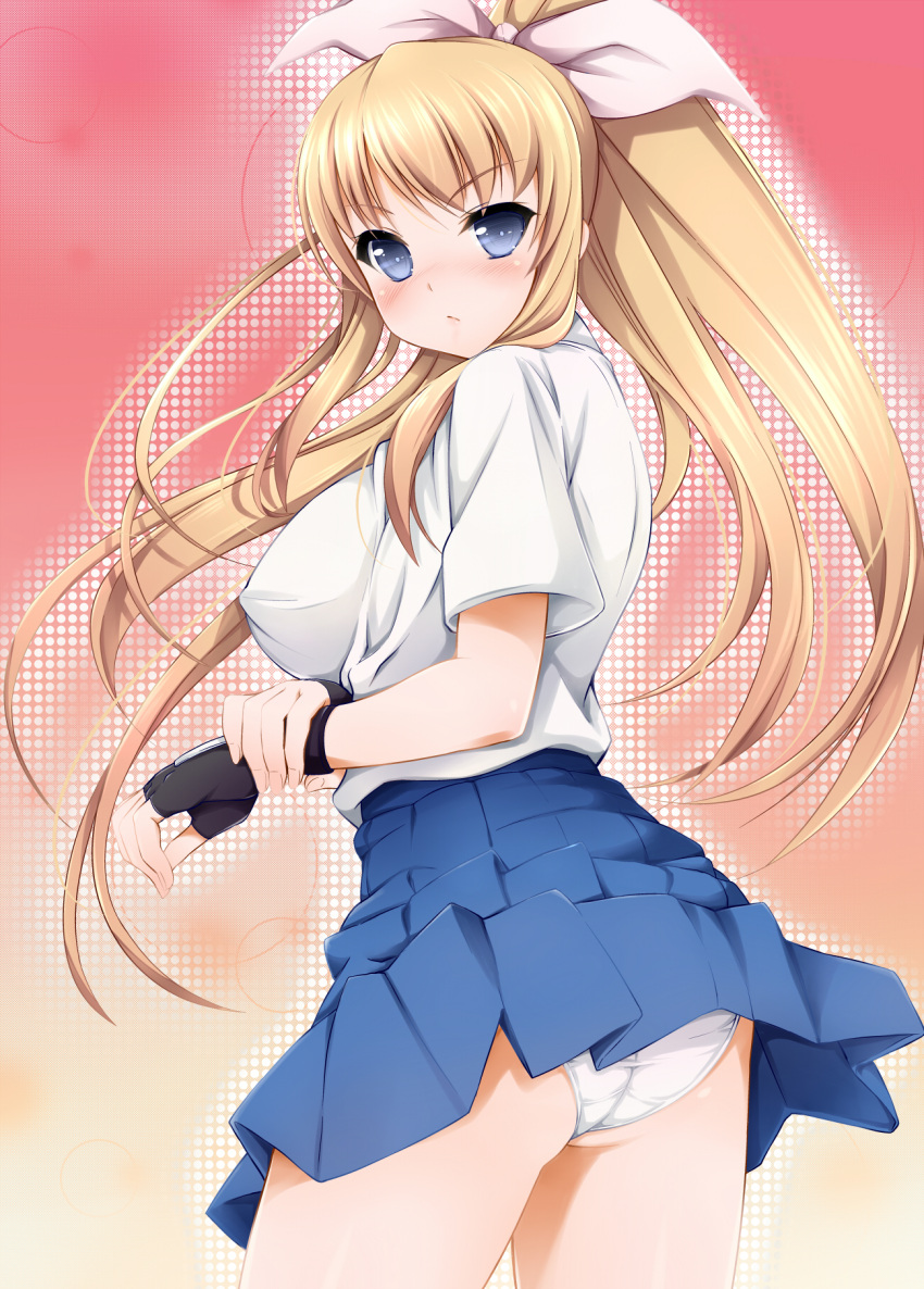 ass blonde_hair blue_eyes blush breasts covered_nipples doujinshi female fingerless_gloves gloves highres large_breasts long_hair motomushi no_bra original panties ponytail scan skirt solo underwear white_panties