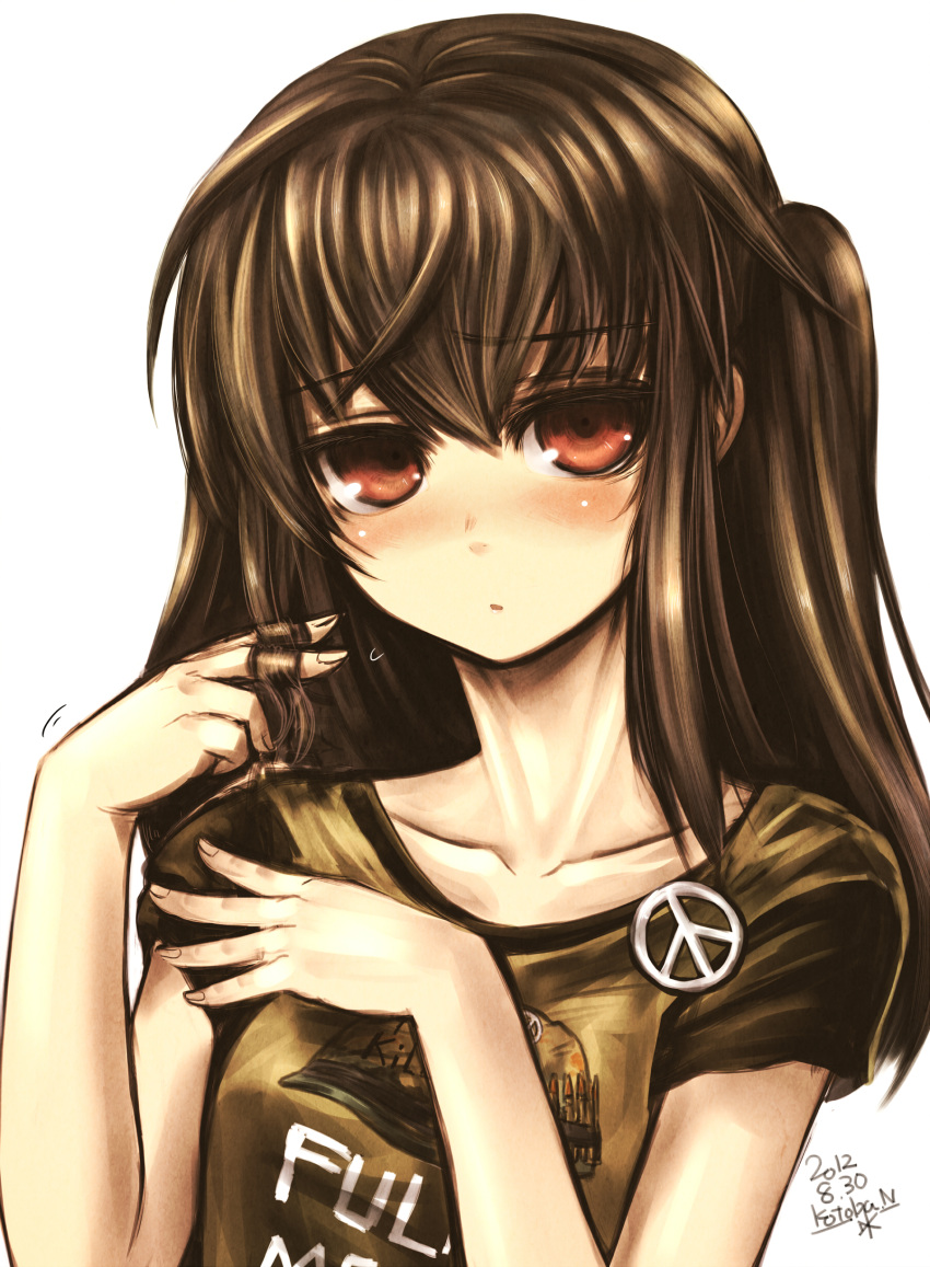 absurdres blush brown_hair collarbone commentary_request dated female full_metal_jacket highres kotoba_noriaki long_hair md5_mismatch original peace_symbol playing_with_own_hair red_eyes signature solo twirling_hair upper_body