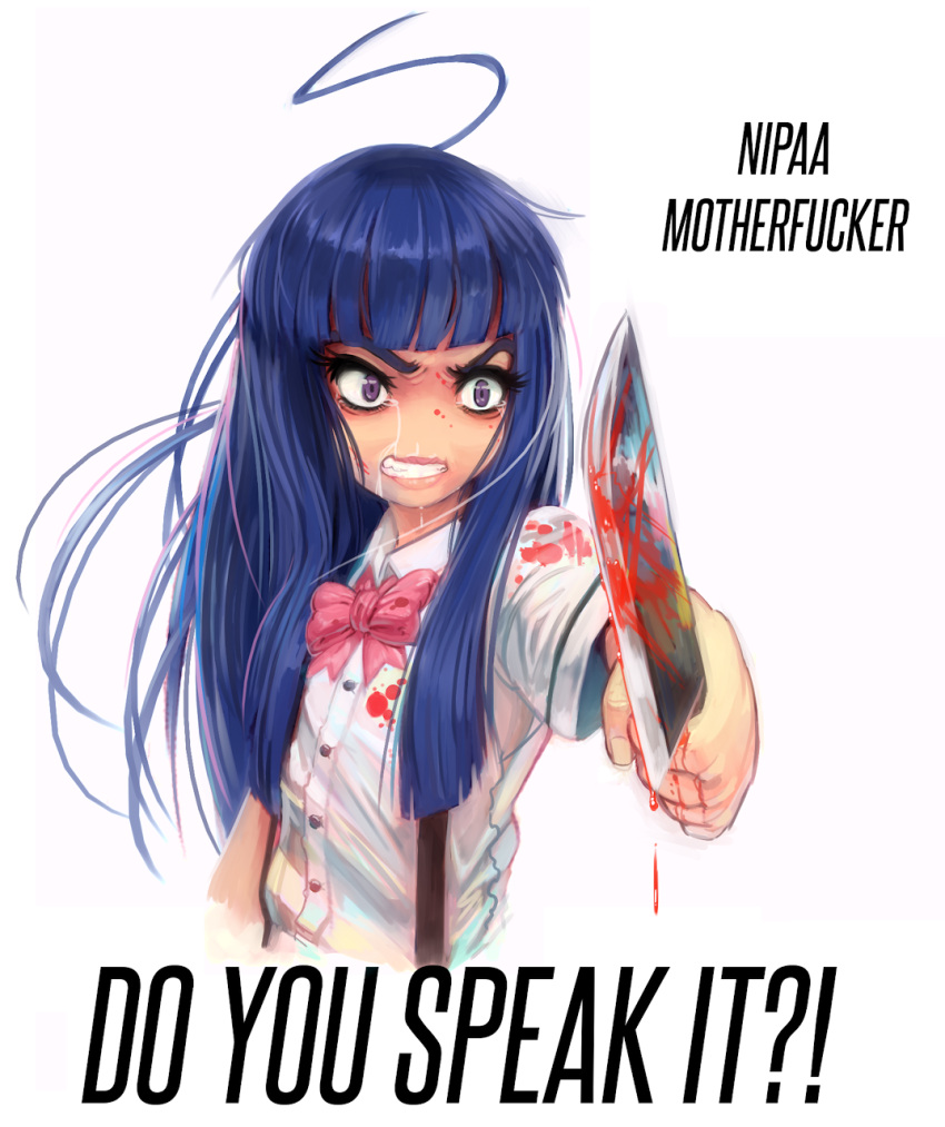 ahoge anokorok bad_deviantart_id bad_id blood blue_hair bow english_motherfucker_do_you_speak_it_(meme) english_text female furude_rika highres higurashi_no_naku_koro_ni knife long_hair meme nipa~ parody pink_bow profanity pulp_fiction solo tears teeth